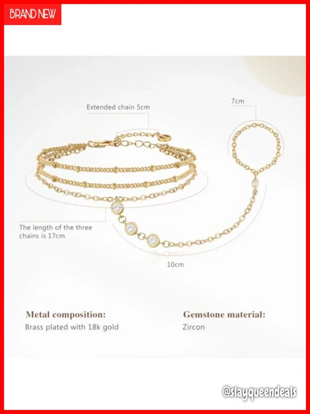 18k Gold Plated Hand Chain Bracelet with Cubic Zirconia Teardrop Adjustable